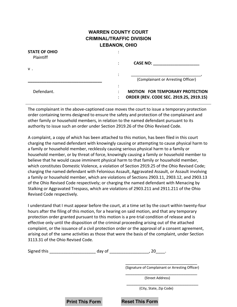Warren County, Ohio Motion for Temporary Protection Order Fill Out, Sign Online and Download