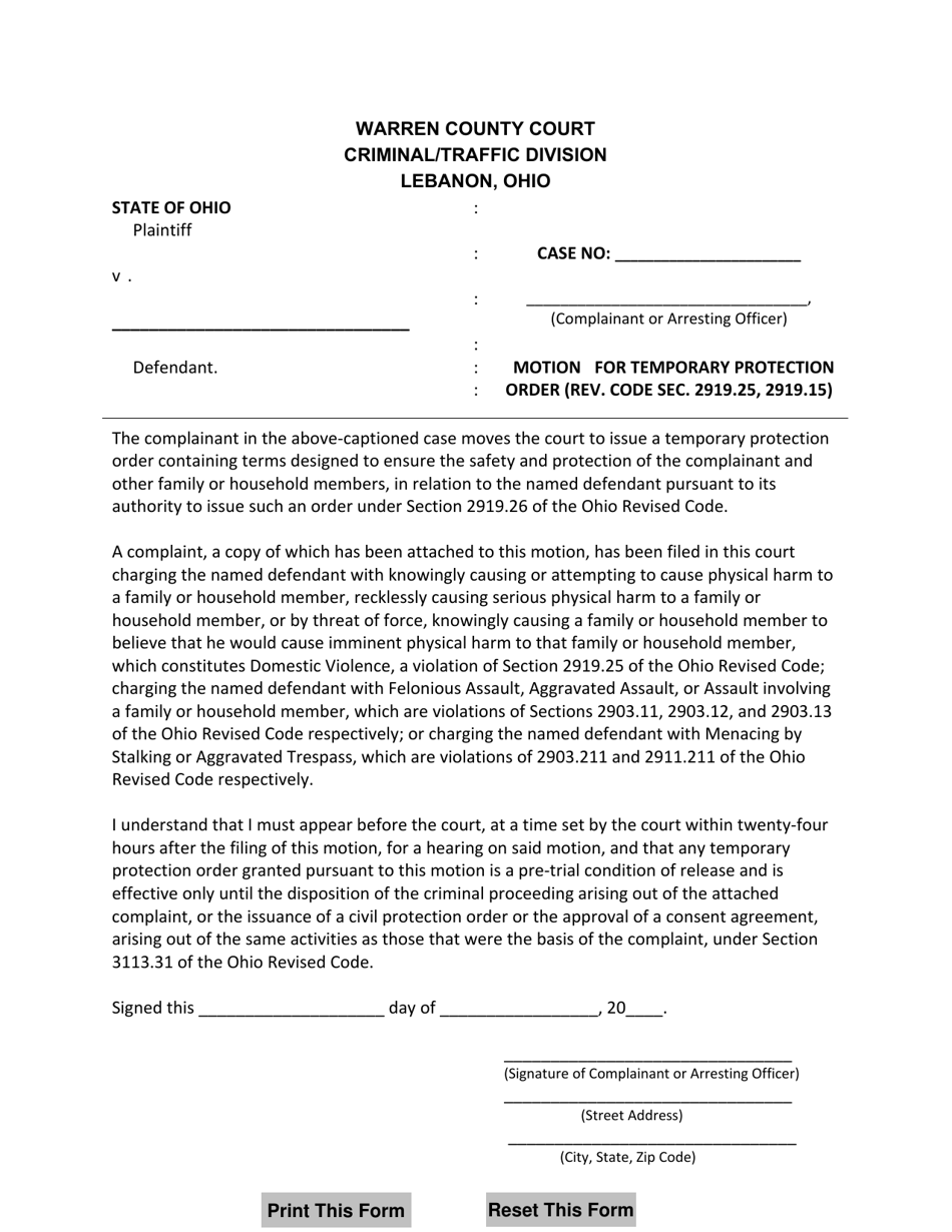 Motion for Temporary Protection Order - Warren County, Ohio, Page 1
