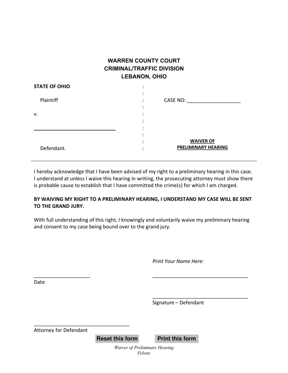 Waiver of Preliminary Hearing - Warren County, Ohio, Page 1