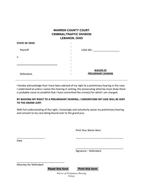 Document preview: Waiver of Preliminary Hearing - Warren County, Ohio