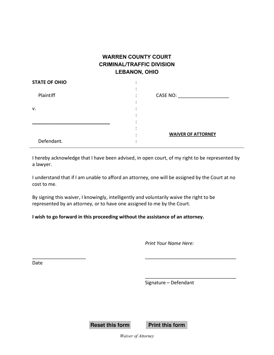Waiver of Attorney - Warren County, Ohio, Page 1