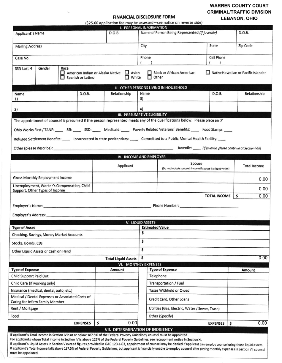 Form OPD-206R Financial Disclosure Form - Warren County, Ohio, Page 1