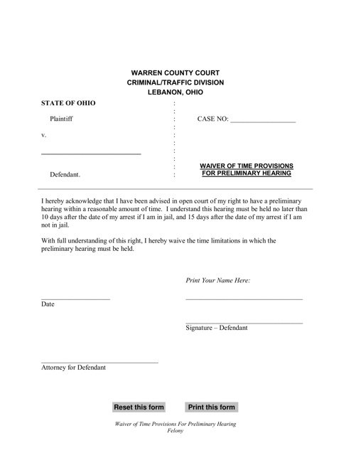 Waiver of Time Provisions for Preliminary Hearing - Warren County, Ohio Download Pdf