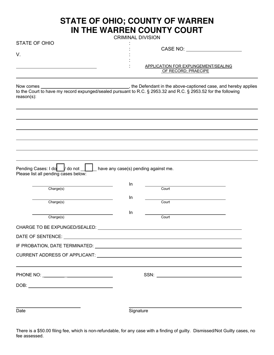 Application for Expungement/Sealing of Record; Praecipe - Warren County, Ohio, Page 1