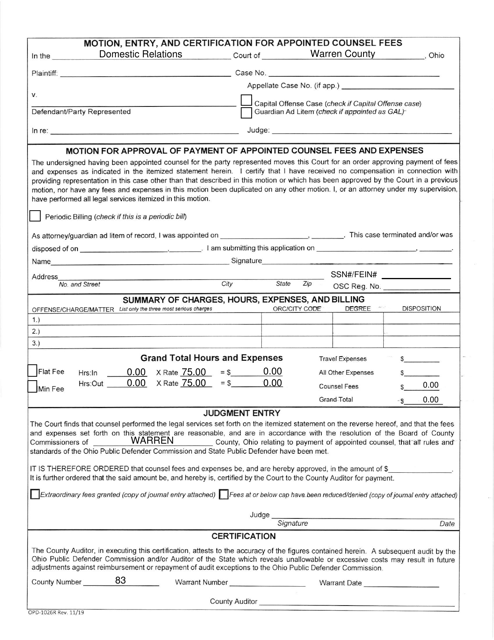 Form OPD-1026R Motion, Entry, and Certification for Appointed Counsel Fees - Warren County, Ohio