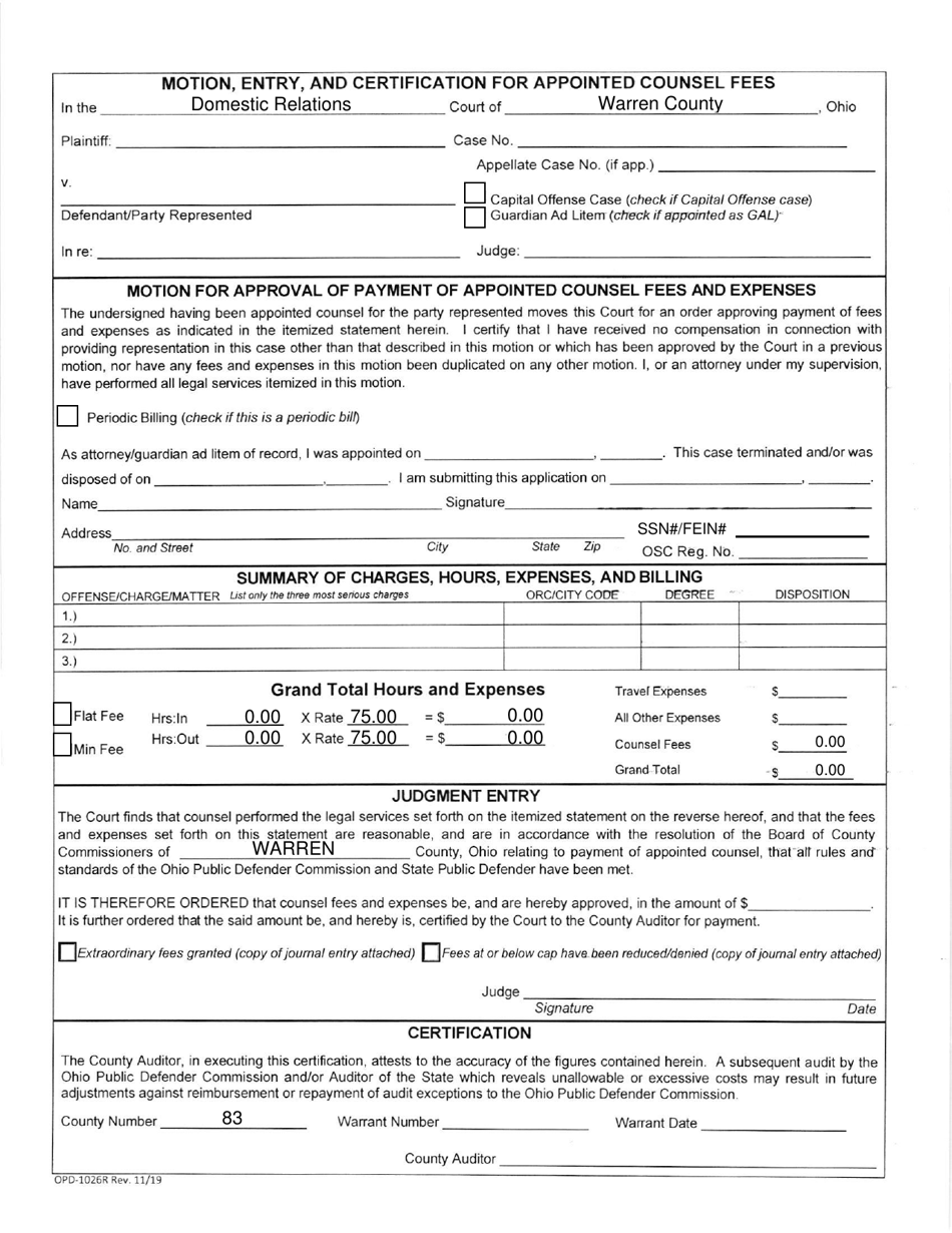 Form OPD-1026R Motion, Entry, and Certification for Appointed Counsel Fees - Warren County, Ohio, Page 1