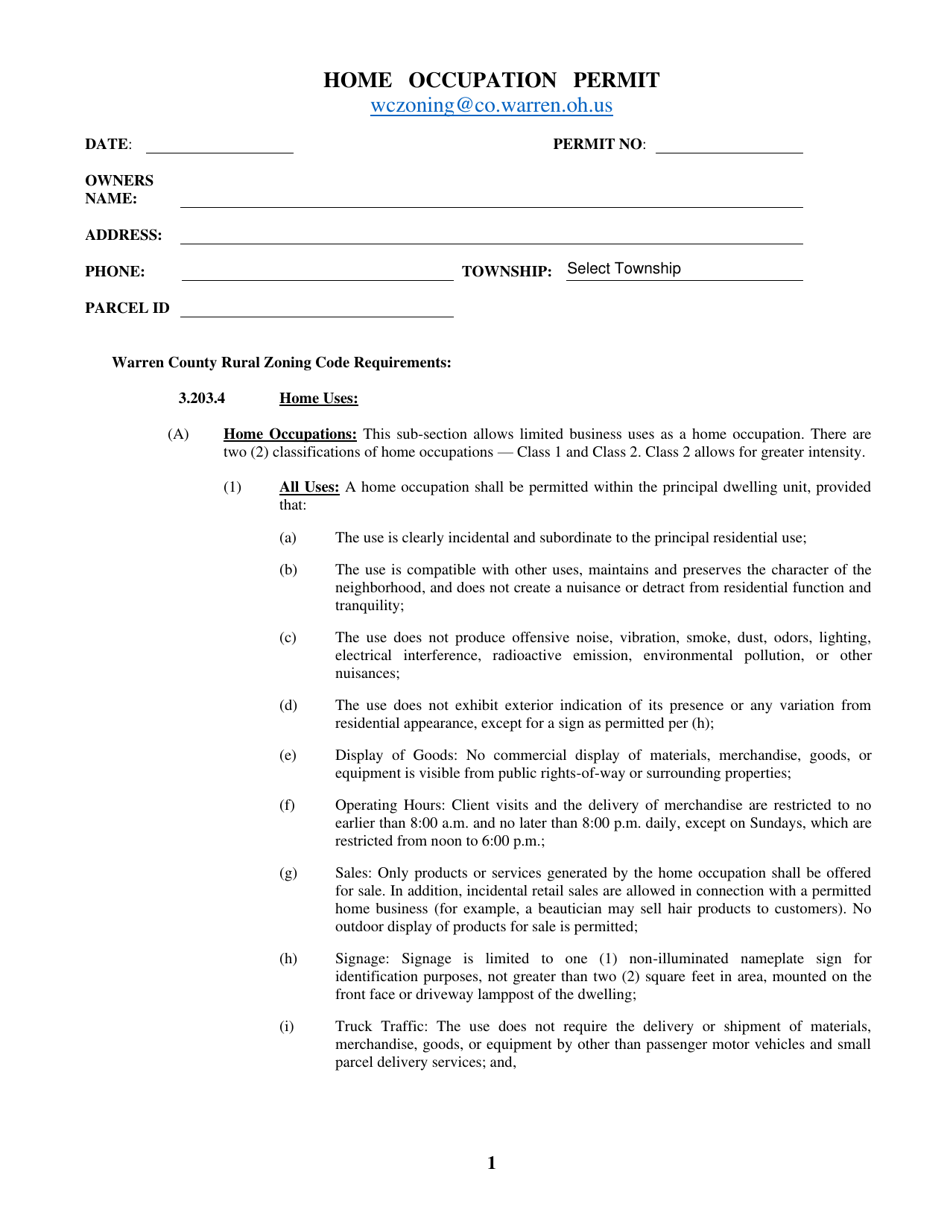 Home Occupation Permit - Warren County, Ohio, Page 1