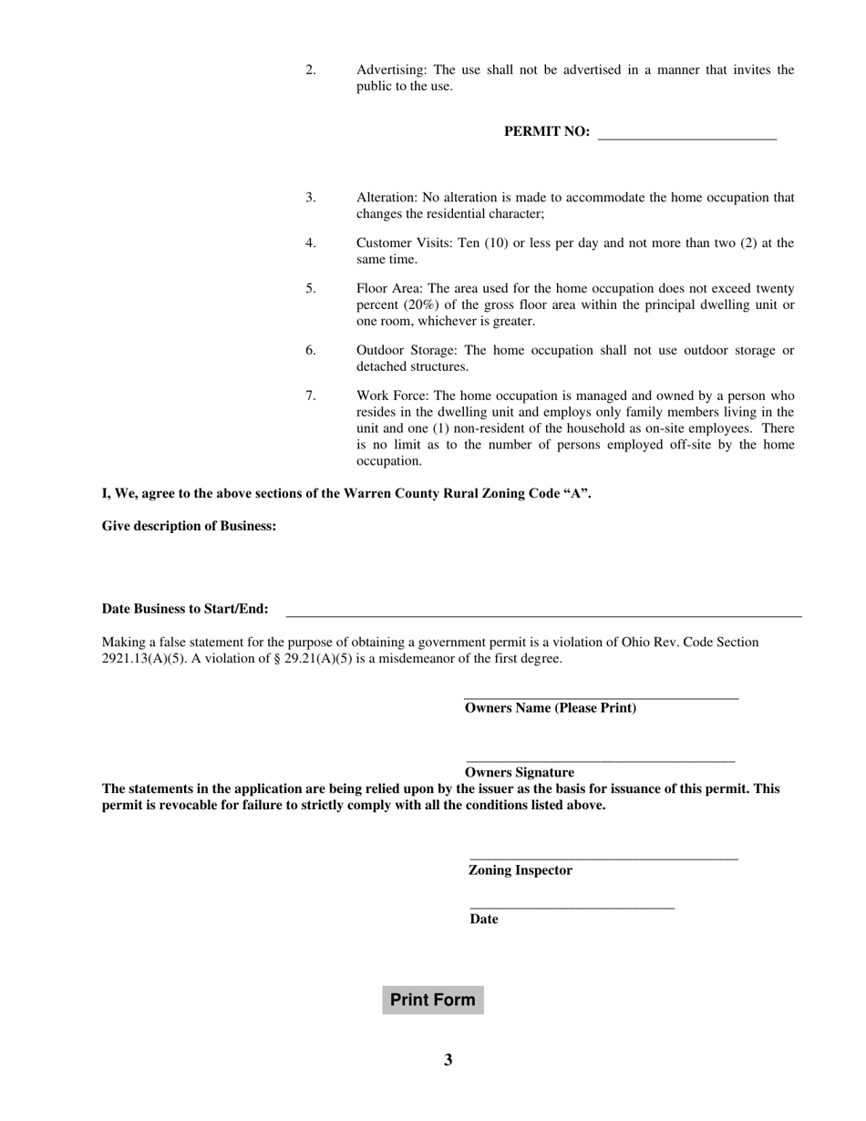 Home Occupation Permit - Warren County, Ohio, Page 3