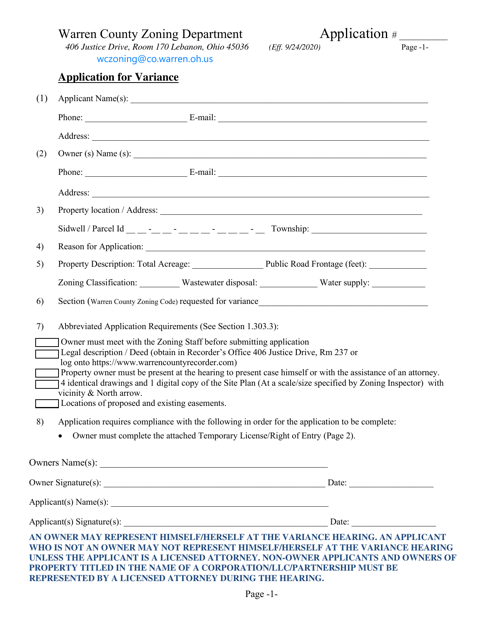 Application for Variance - Warren County, Ohio Download Pdf