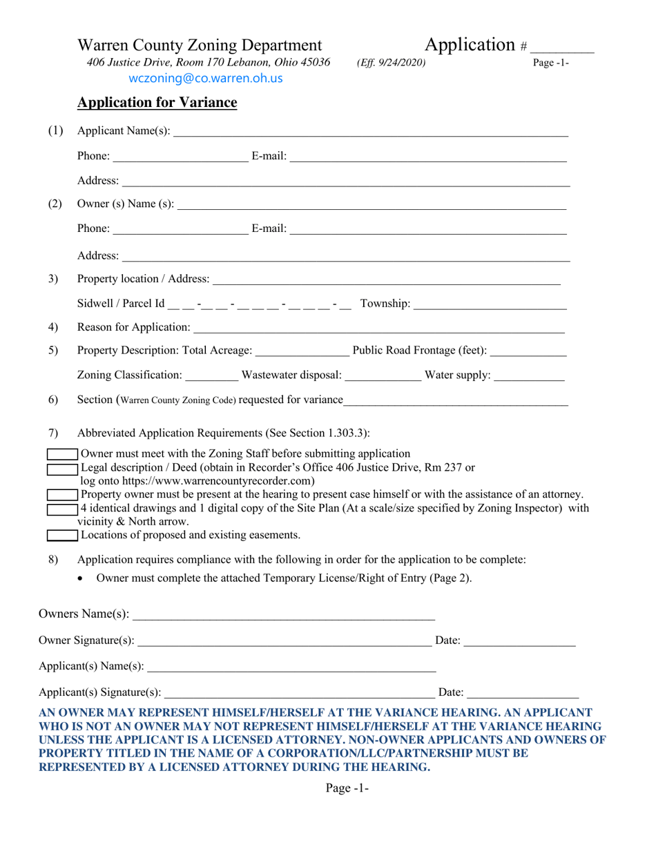 Application for Variance - Warren County, Ohio, Page 1