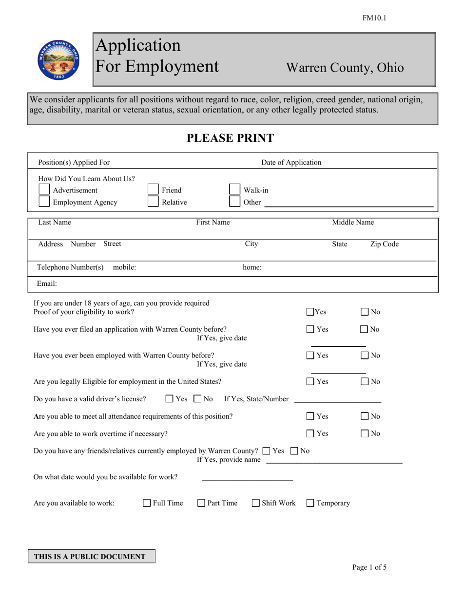 Form FM10.1 Application for Employment - Warren County, Ohio, Page 1
