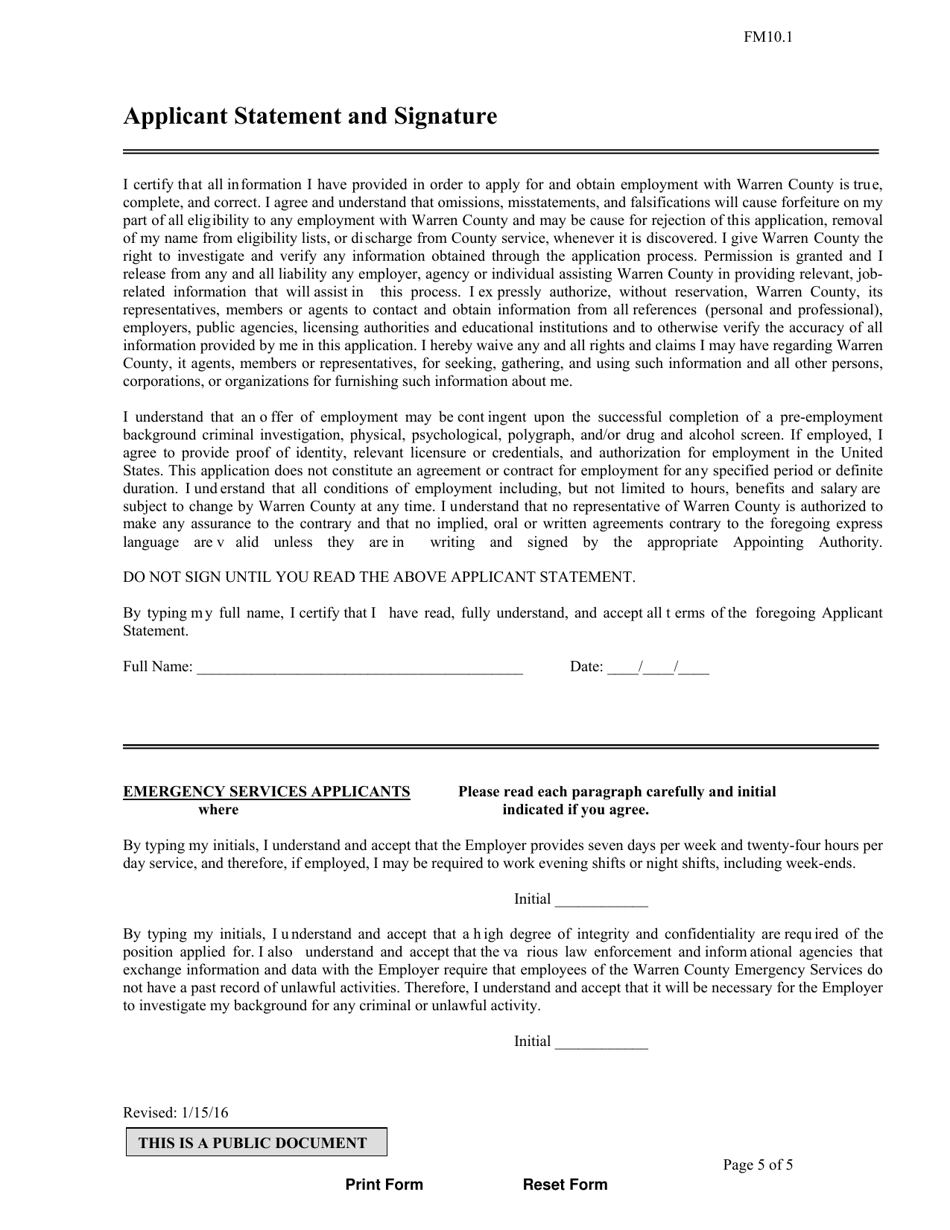Form FM10.1 Application for Employment - Warren County, Ohio, Page 5