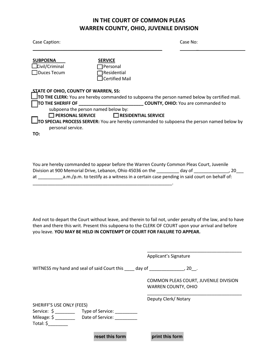 WCJC Form 1 Subpoena - Warren County, Ohio, Page 1