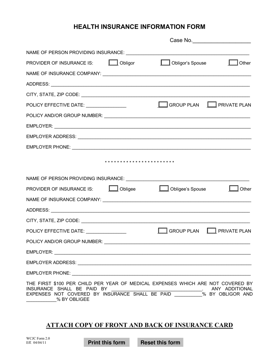 WCJC Form 2.0 Health Insurance Information Form - Warren County, Ohio, Page 1