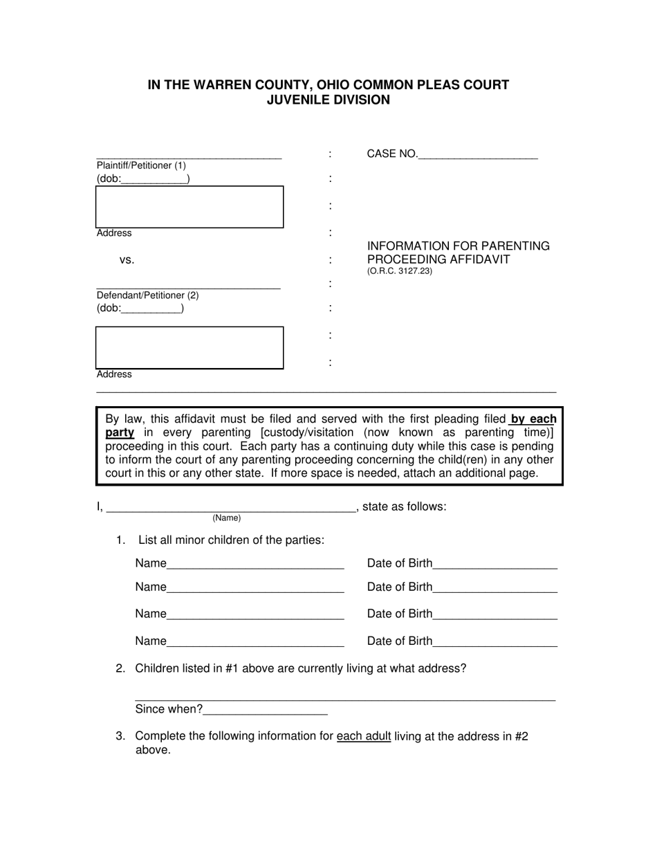 WCJC Form 3.0 Information for Parenting Proceeding Affidavit - Warren County, Ohio, Page 1