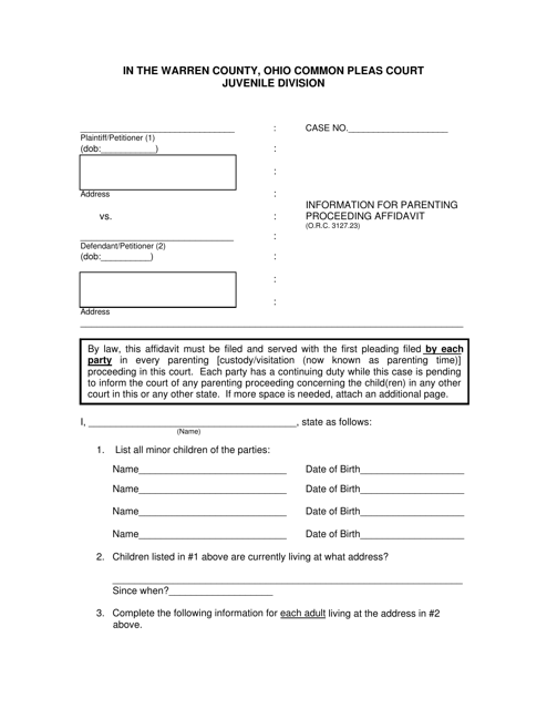 WCJC Form 3.0 Information for Parenting Proceeding Affidavit - Warren County, Ohio