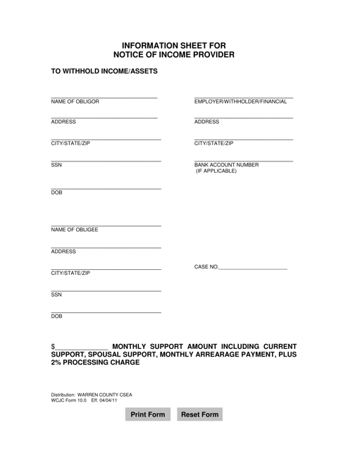 WCJC Form 10.0 Information Sheet for Notice of Income Provider - Warren County, Ohio