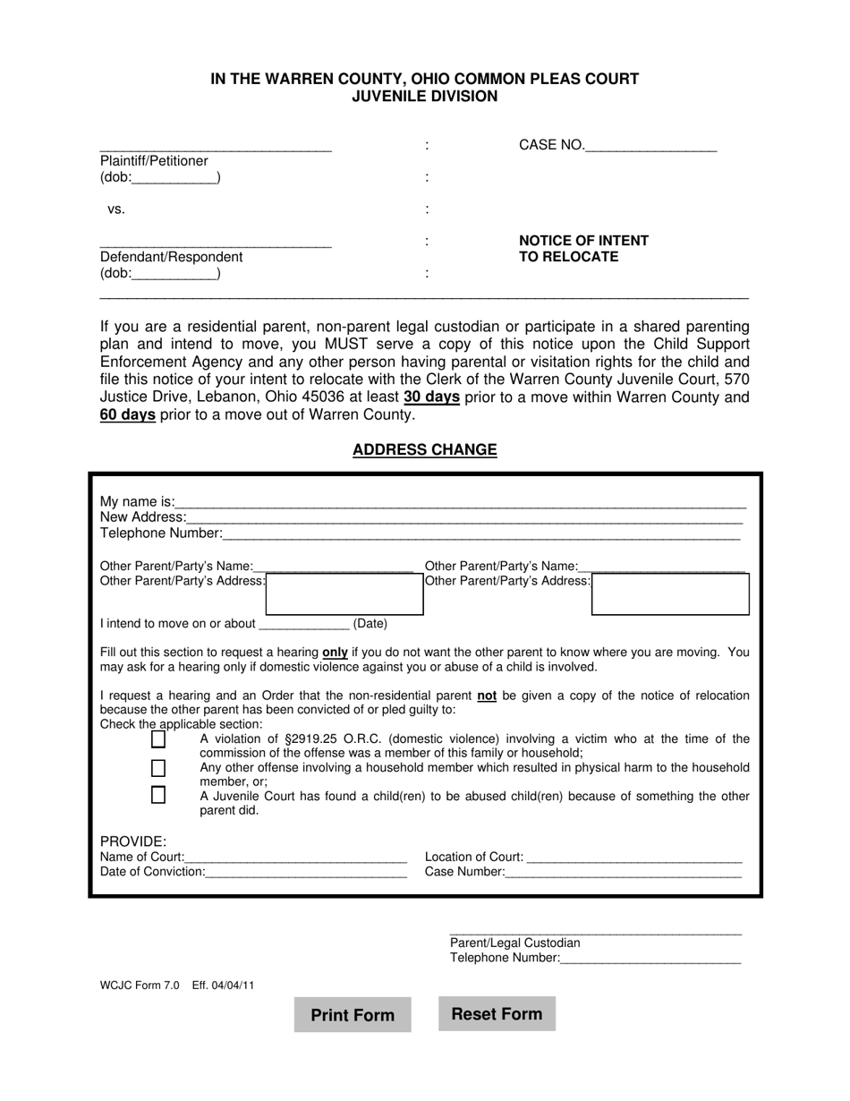 WCJC Form 7.0 Notice of Intent to Relocate - Warren County, Ohio, Page 1