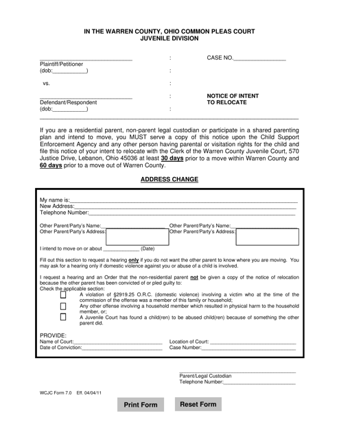 WCJC Form 7.0 Notice of Intent to Relocate - Warren County, Ohio