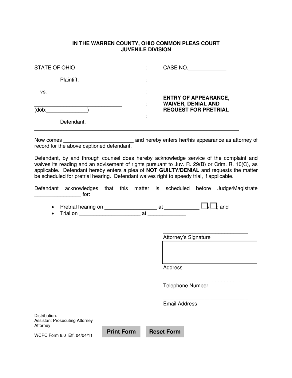 WCJC Form 8.0 Entry of Appearance, Waiver, Denial and Request for Pretrial - Warren County, Ohio, Page 1