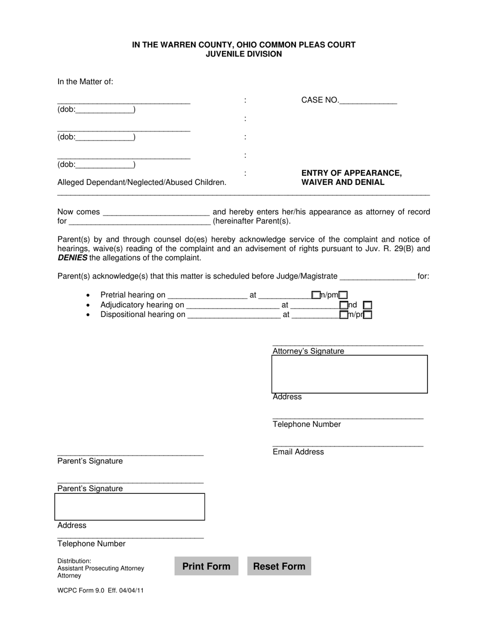 WCJC Form 9.0 Entry of Appearance, Waiver and Denial - Warren County, Ohio, Page 1