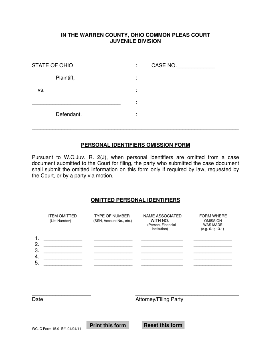 WCJC Form 15.0 Personal Identifiers Omission Form - Warren County, Ohio, Page 1