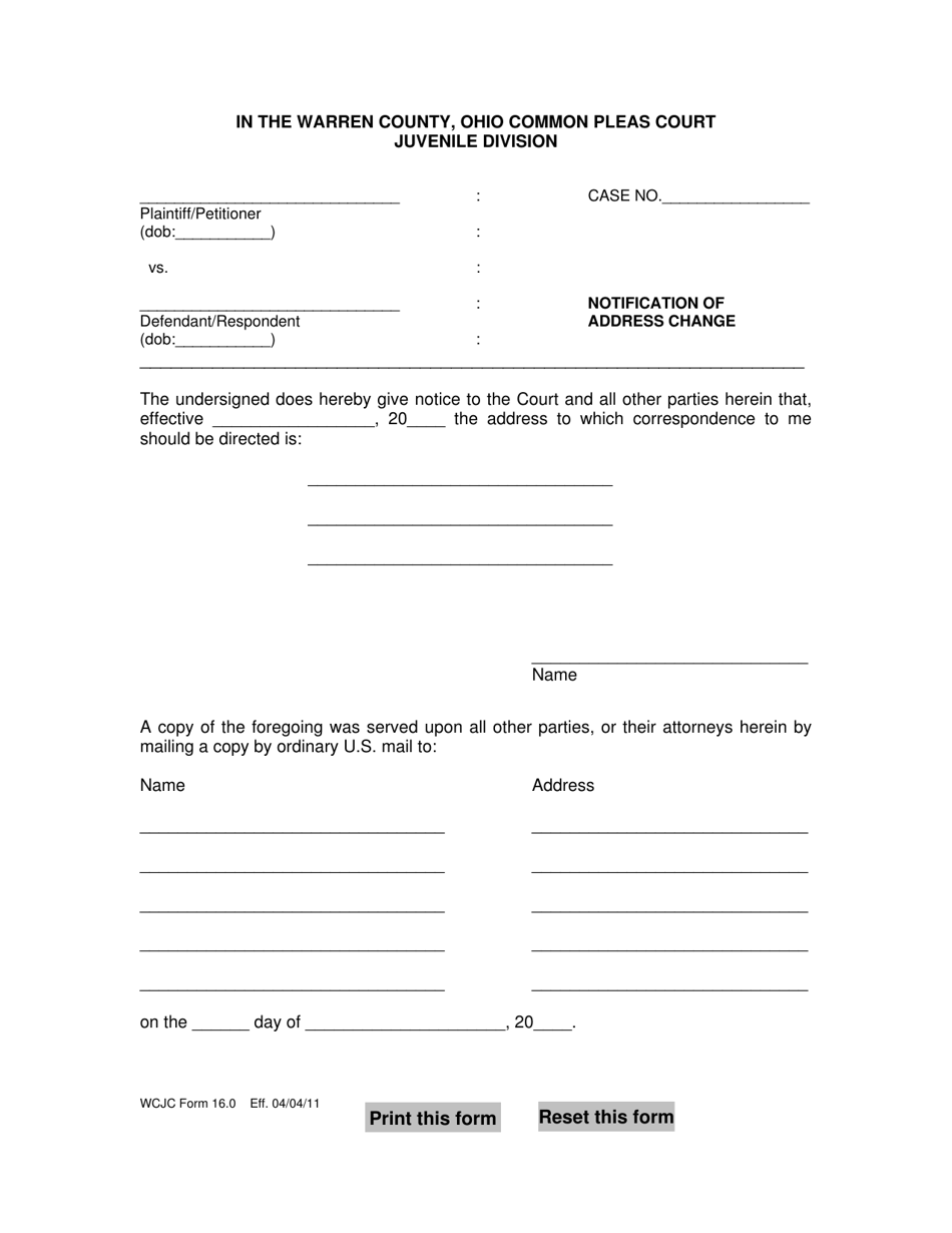 WCJC Form 16.0 Notification of Address Change - Warren County, Ohio, Page 1