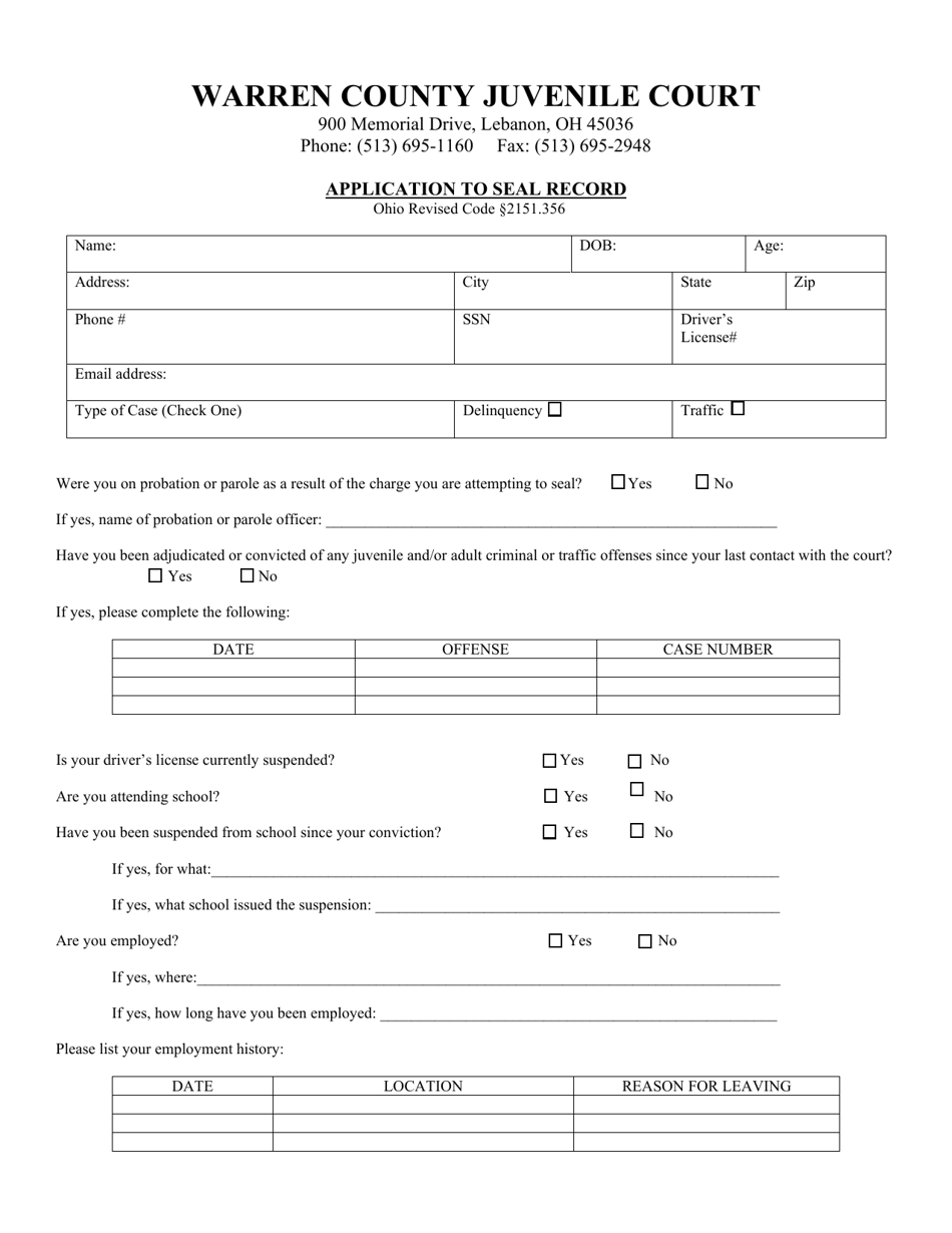 Warren County, Ohio Application to Seal Juvenile Record Fill Out