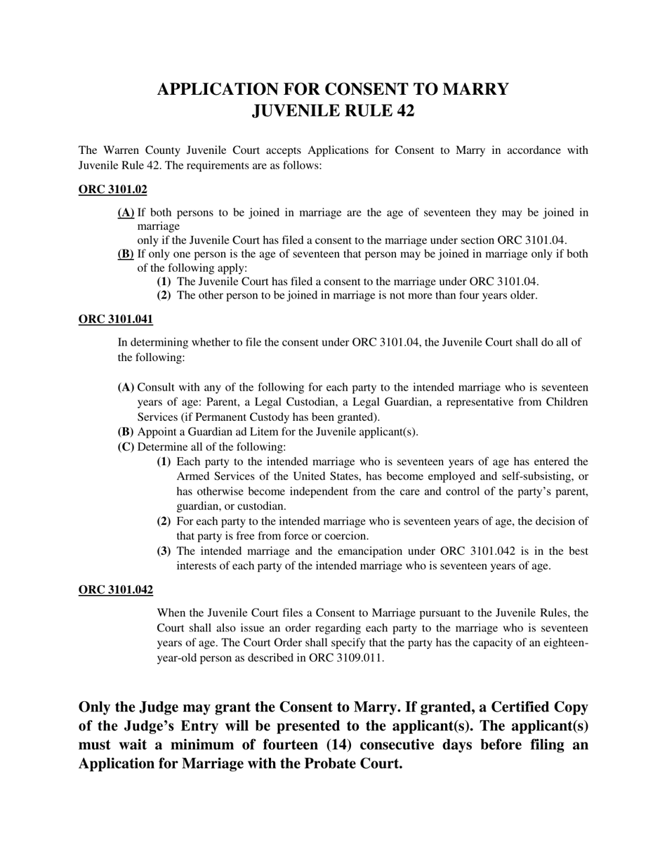WCJC Form 18 Application for Consent to Marry Juvenile Rule 42 - Warren County, Ohio, Page 1