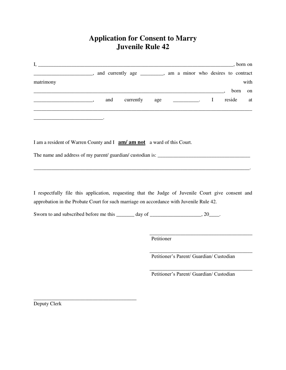 WCJC Form 18 Application for Consent to Marry Juvenile Rule 42 - Warren County, Ohio, Page 2