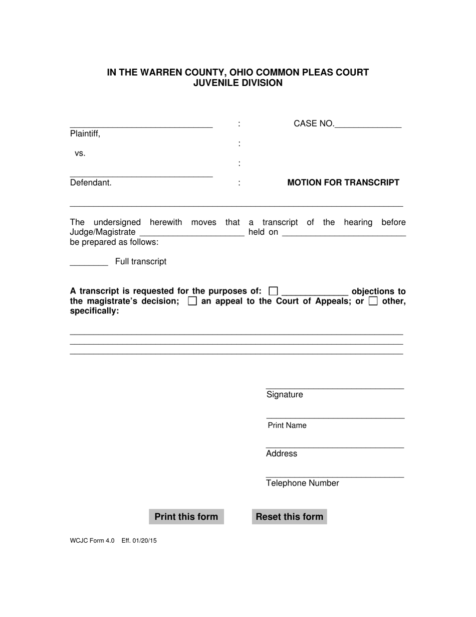 WCJC Form 4.0 Motion for Transcript - Warren County, Ohio, Page 1