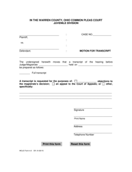 Document preview: WCJC Form 4.0 Motion for Transcript - Warren County, Ohio