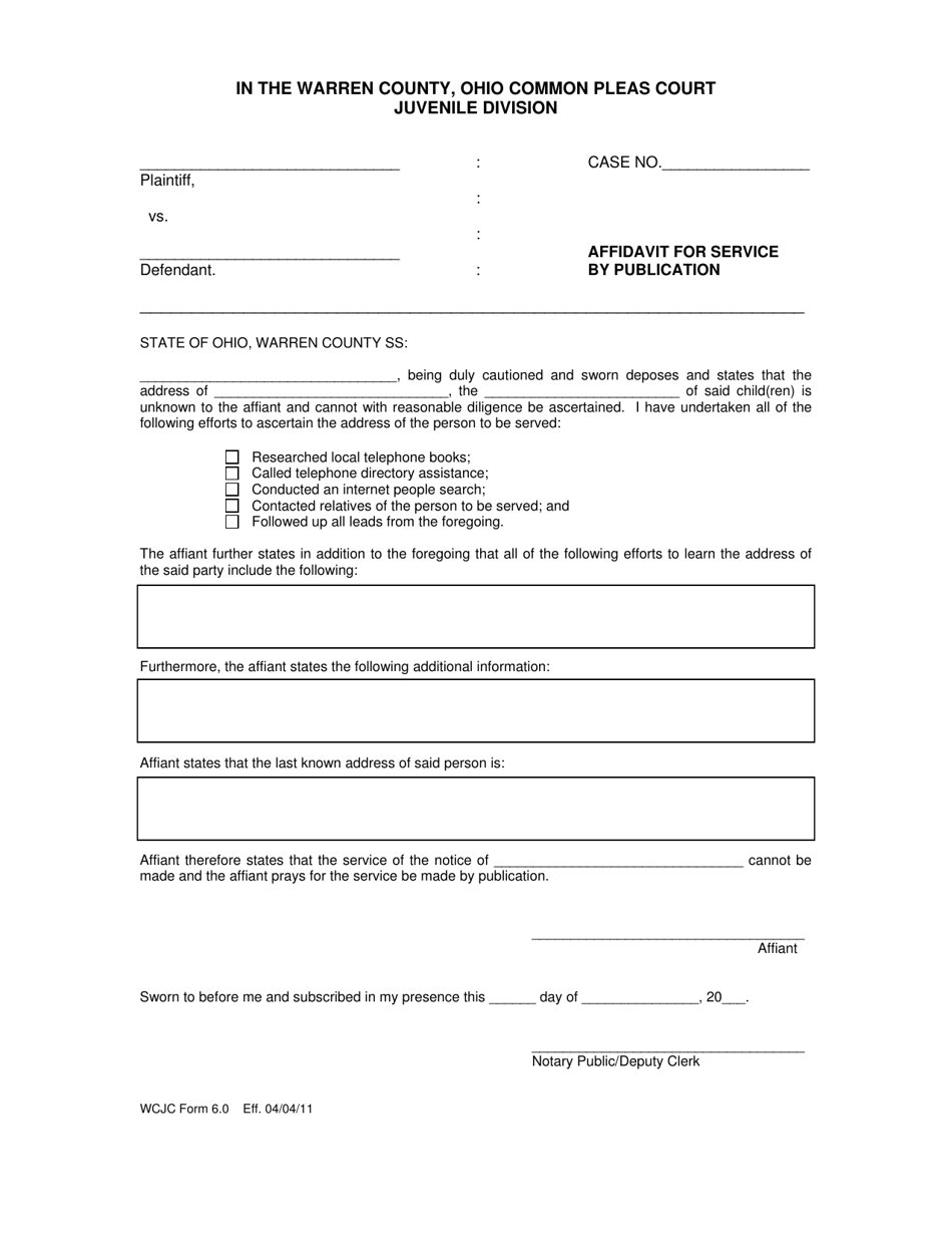 WCJC Form 6.0 Affidavit for Service by Publication - Civil - Warren County, Ohio, Page 1
