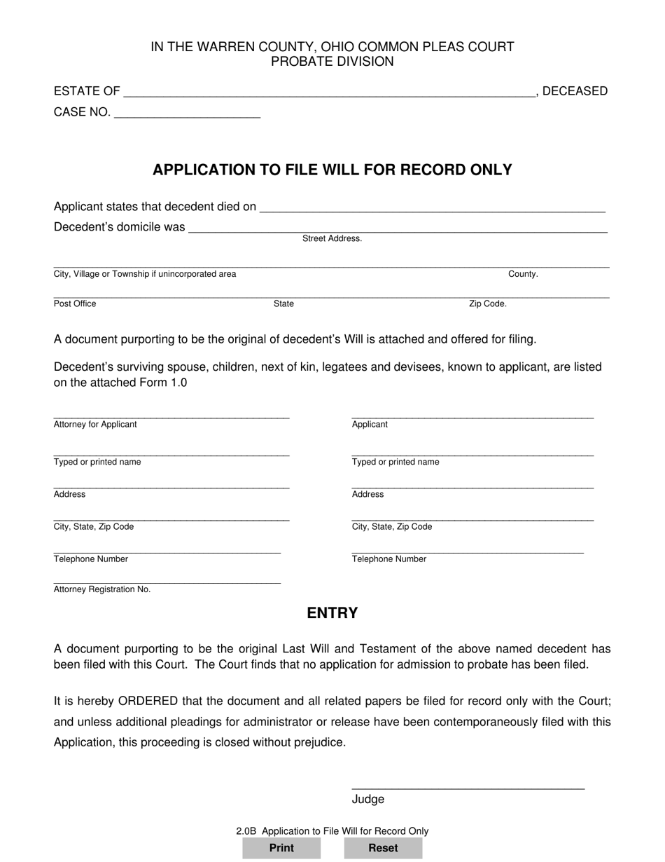 Form 2.0B Application to File Will for Record Only - Warren County, Ohio, Page 1