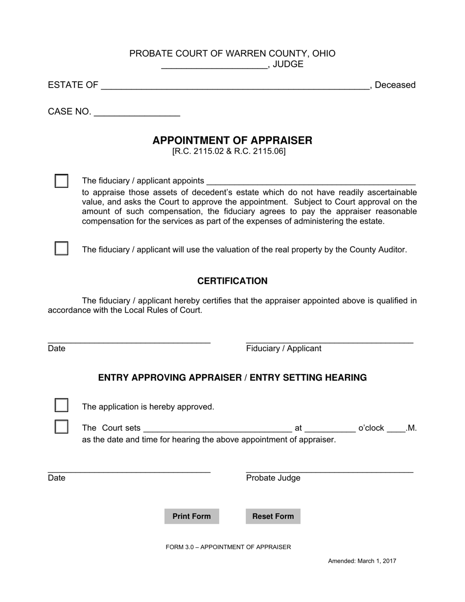Form 3.0 Appointment of Appraiser - Warren County, Ohio, Page 1