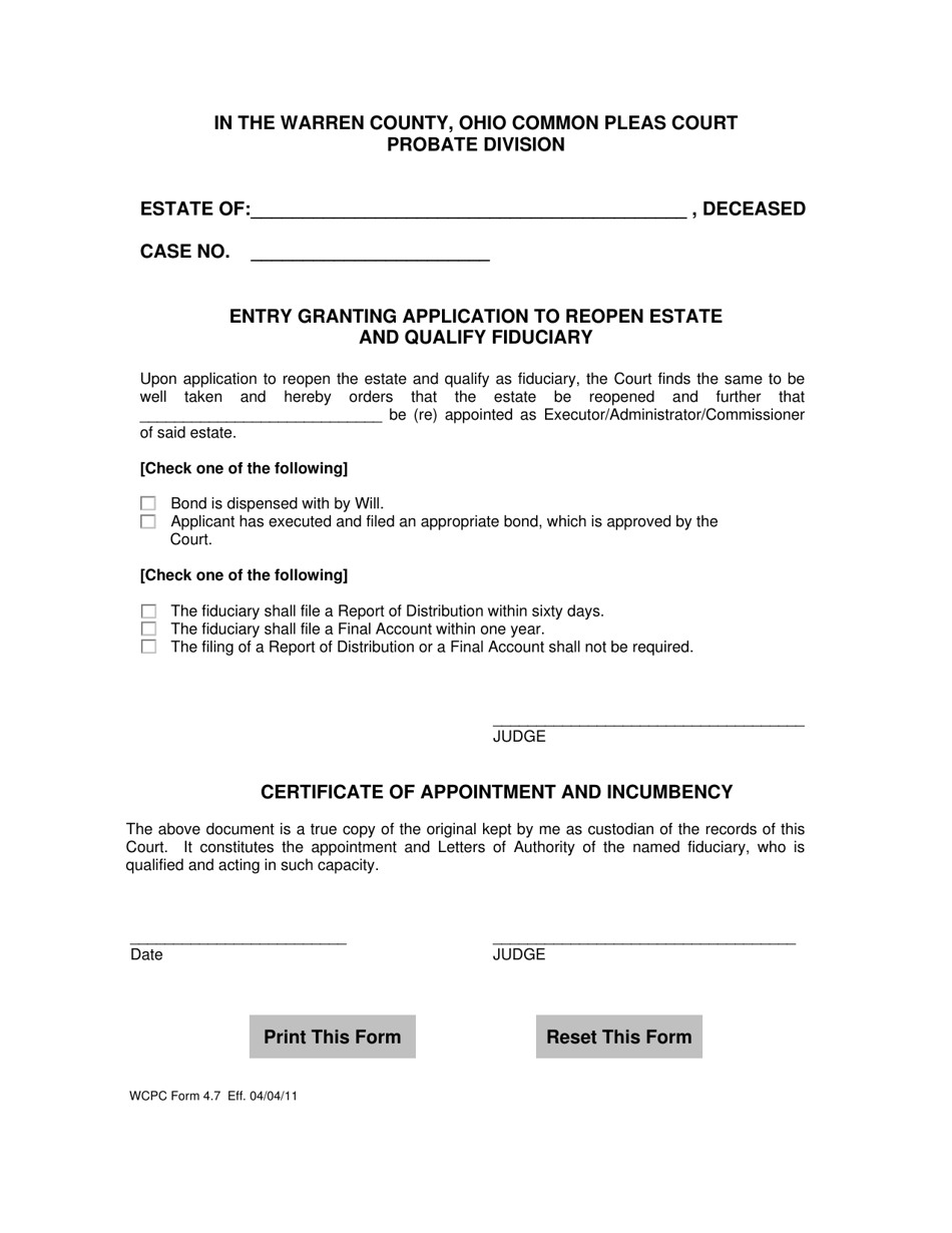 WCPC Form 4.7 Entry Granting Application to Reopen Estate and Qualify Fiduciary - Warren County, Ohio, Page 1