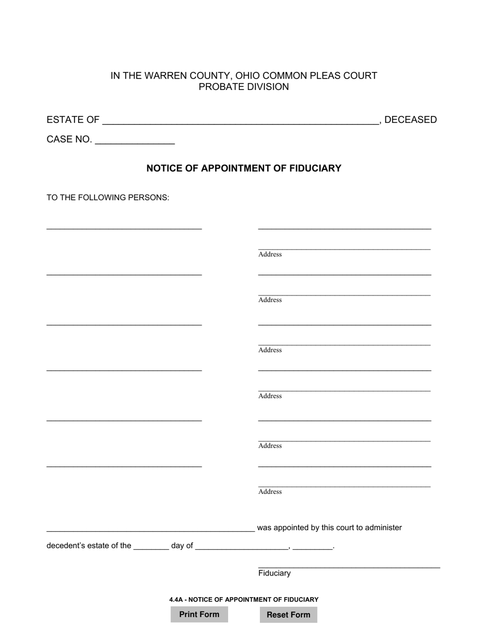 Form 4.4A Notice of Appointment of Fiduciary - Warren County, Ohio, Page 1