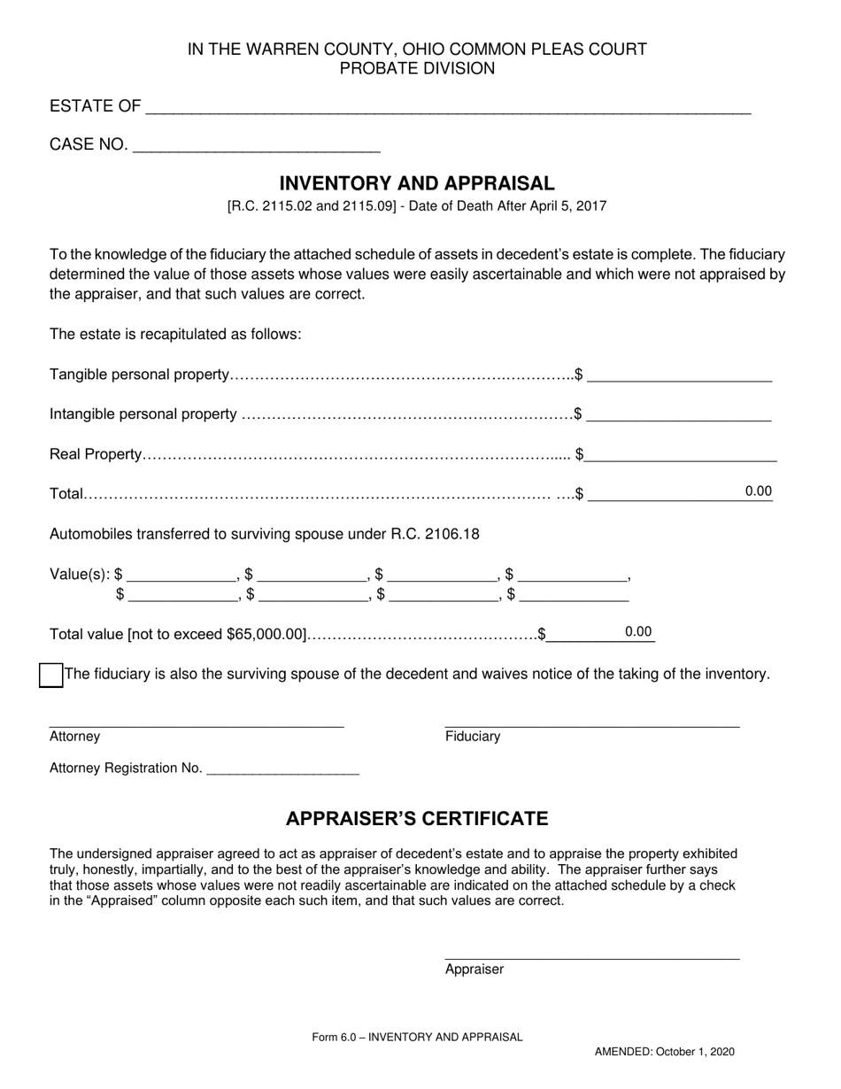 Form 6.0 Inventory and Appraisal - Warren County, Ohio, Page 1