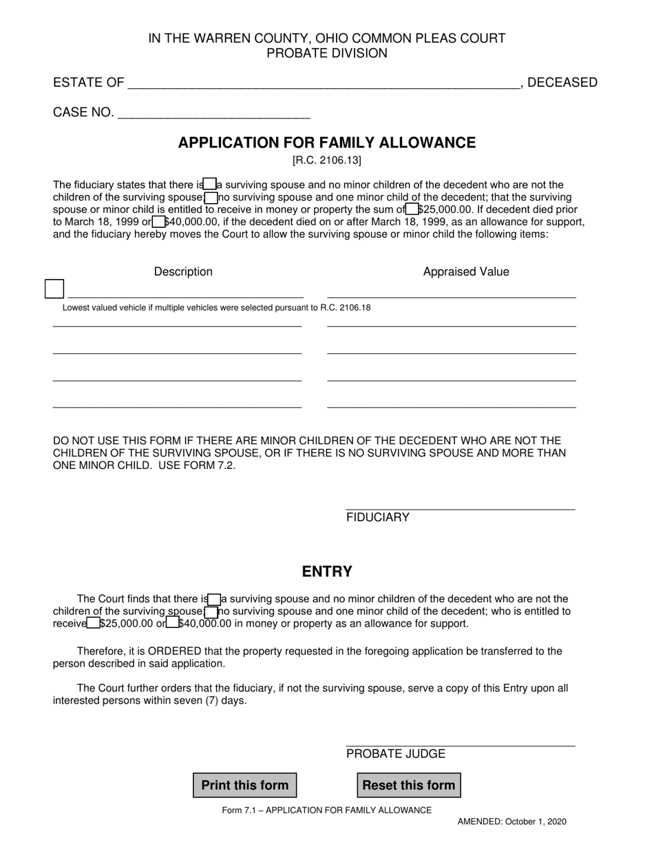 Form 7.1 Application for Family Allowance - Warren County, Ohio, Page 1