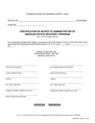 Form 7.0 Certification of Notice to Administrator of Medicaid Estate Recovery Program - Warren County, Ohio