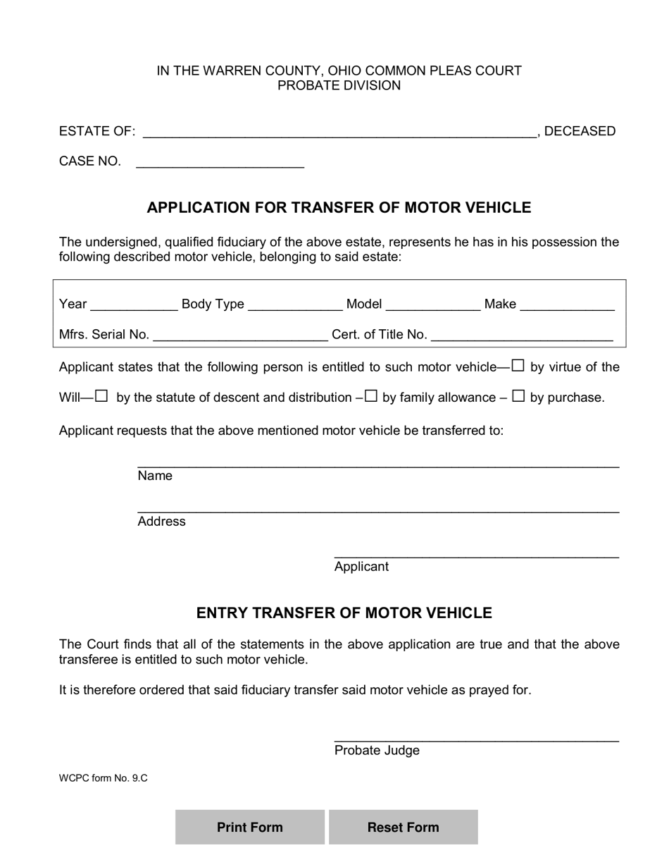 WCPC Form 9.C Application for Transfer of Motor Vehicle - Warren County, Ohio, Page 1