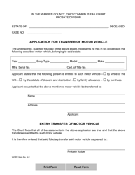 Document preview: WCPC Form 9.C Application for Transfer of Motor Vehicle - Warren County, Ohio