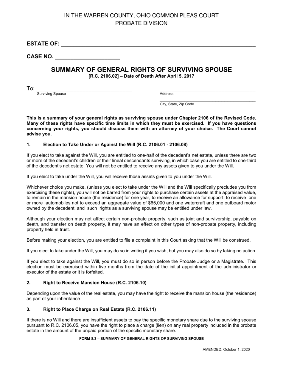Form 8.3 Summary of General Rights of Surviving Spouse - Warren County, Ohio, Page 1
