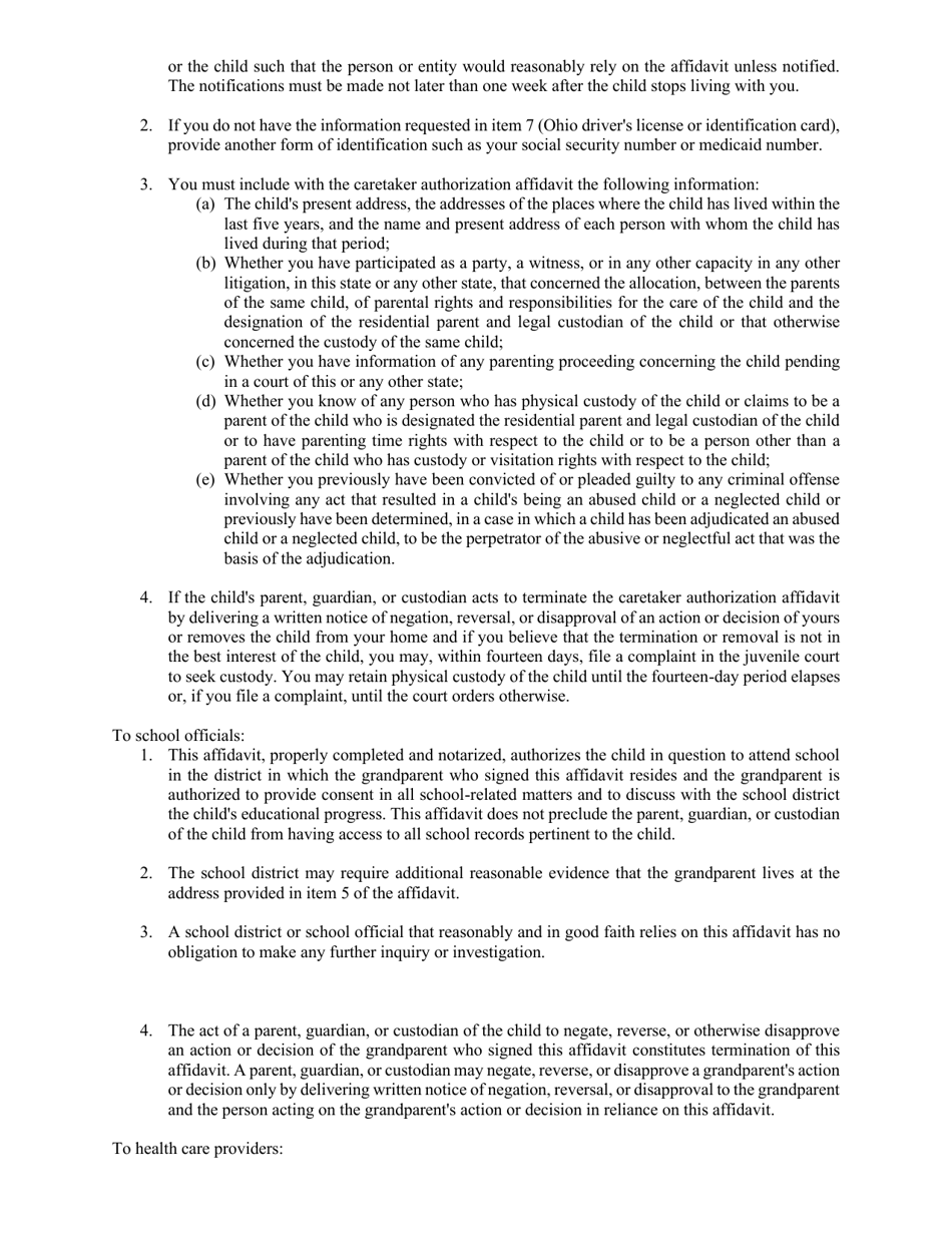 Grandparent Power of Attorney and Caretaker Authorization Affidavit - Warren County, Ohio, Page 5