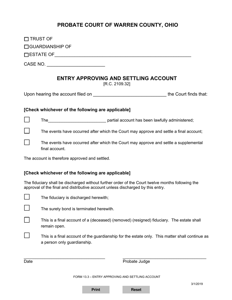 Form 13.3 Entry Approving and Settling Account - Warren County, Ohio, Page 1