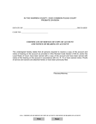 Document preview: Form 13.9A Certificate of Service of Copy of Account and Notice of Hearing on Account - Warren County, Ohio