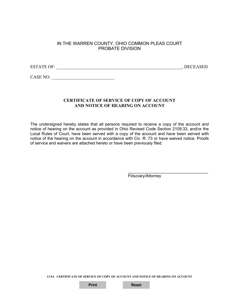 Form 13.9A Certificate of Service of Copy of Account and Notice of Hearing on Account - Warren County, Ohio, Page 1