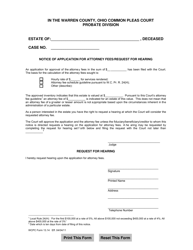 Document preview: WCPC Form 13.14 Notice of Application for Attorney Fees/Request for Hearing - Warren County, Ohio