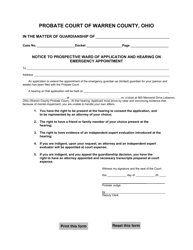Document preview: Notice to Prospective Ward of Application and Hearing on Emergency Appointment - Warren County, Ohio