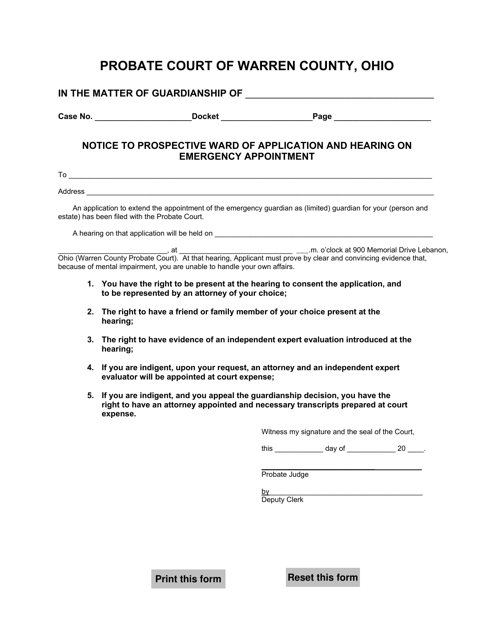 Notice to Prospective Ward of Application and Hearing on Emergency Appointment - Warren County, Ohio